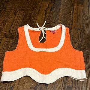 STAUD livia scalloped orange and white linen top. Size small. No rips/stains.